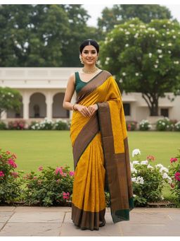 AMRUTKALA SAREES - Yellow Kanjeevaram Woven Handloom Saree With Unstitched Blouse