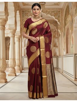 AMRUTKALA SAREES - Maroon Kanjeevaram Silk Woven Handloom Saree With Unstitched Blouse