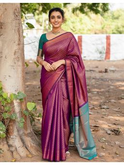 AMRUTKALA SAREES - Purple Kanjeevaram Woven Zari Saree With Unstitched Blouse