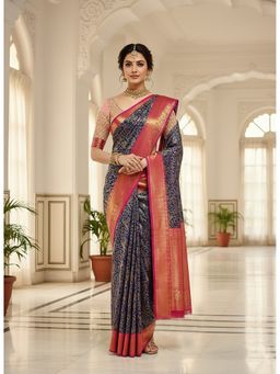 AMRUTKALA SAREES - Navy Blue Kanjeevaram Woven Handloom Saree With Unstitched Blouse