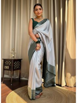 AMRUTKALA SAREES - White Kanjeevaram Woven Zari Handloom Saree With Unstitched Blouse