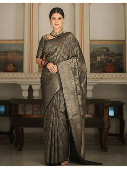 AMRUTKALA SAREES - Black Kanjeevaram Woven Zari Saree With Unstitched Blouse