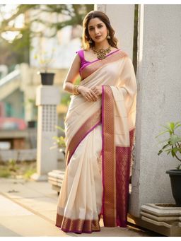 AMRUTKALA SAREES - Cream Kanjeevaram Woven Zari Handloom Saree With Unstitched Blouse