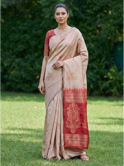 AMRUTKALA SAREES - Beige Kanjeevaram Woven Zari Handloom Saree With Unstitched Blouse