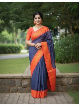AMRUTKALA SAREES - Blue Kanjeevaram Silk Woven Handloom Saree With Unstitched Blouse