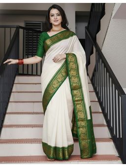 AMRUTKALA SAREES - White Kanjeevaram Woven Zari Saree With Unstitched Blouse