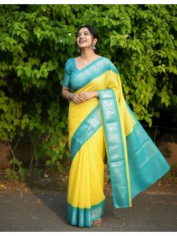 AMRUTKALA SAREES - Yellow Kanjeevaram Woven Zari Handloom Saree With Unstitched Blouse