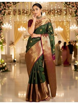 AMRUTKALA SAREES - Green Kanjeevaram Handloom Saree With Unstitched Blouse