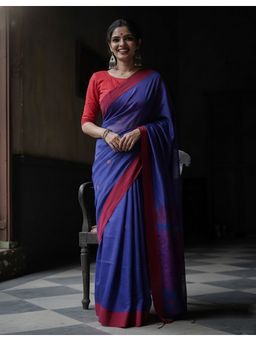 AMRUTKALA SAREES - Blue Kanjeevaram Woven Zari Handloom Saree With Unstitched Blouse
