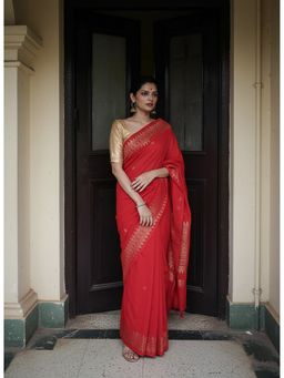 AMRUTKALA SAREES - Red Kanjeevaram Woven Zari Saree With Unstitched Blouse
