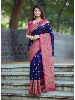 AMRUTKALA SAREES - Blue Kanjeevaram Zari Handloom Saree With Unstitched Blouse