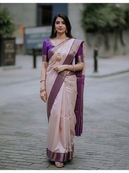 AMRUTKALA SAREES - Beige Kanjeevaram Silk Woven Handloom Saree With Unstitched Blouse