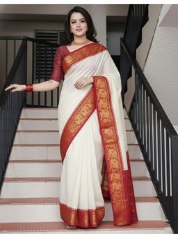AMRUTKALA SAREES - White Kanjeevaram Silk Zari Handloom Saree With Unstitched Blouse