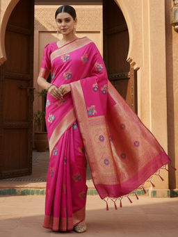 Akhilam - Women Silk Blend Woven Pink Saree with Unstitched Blouse