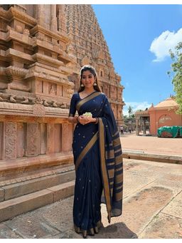 AMRUTKALA SAREES - Navy Blue Kanjeevaram Zari Handloom Saree With Unstitched Blouse