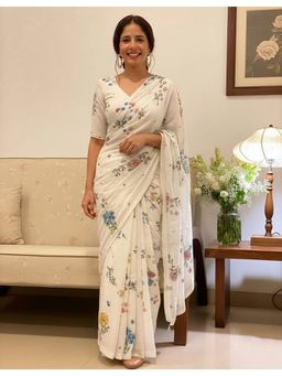 AMRUTKALA SAREES - White Linen Blend Floral Printed Saree With Unstitched Blouse