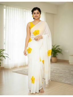 AMRUTKALA SAREES - White Linen Floral Printed Saree With Unstitched Blouse