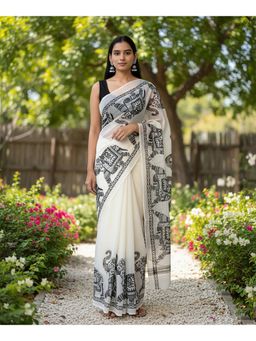 AMRUTKALA SAREES - Off White Linen Blend Printed Saree With Unstitched Blouse