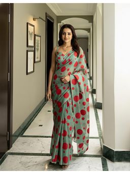 AMRUTKALA SAREES - Green Linen Blend Polka Dots Printed Saree With Unstitched Blouse