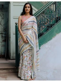 AMRUTKALA SAREES - White Linen Blend Stripes Printed Saree With Unstitched Blouse