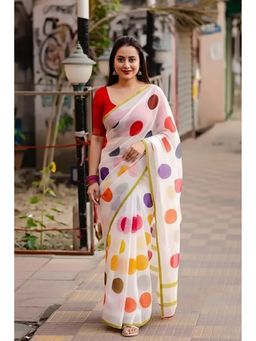 AMRUTKALA SAREES - White Linen Polka Dots Printed Saree With Unstitched Blouse