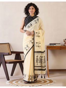 AMRUTKALA SAREES - Off White Linen Blend Printed Tassels Saree With Unstitched Blouse