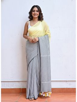 AMRUTKALA SAREES - Yellow Linen Stripes Tassels Saree With Unstitched Blouse