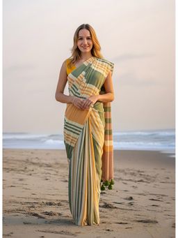 AMRUTKALA SAREES - Yellow Linen Stripes Saree With Unstitched Blouse