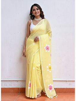 AMRUTKALA SAREES - Yellow Linen Floral Tassels Saree With Unstitched Blouse
