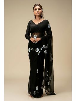 AMRUTKALA SAREES - Black Linen Blend Floral Printed Saree With Unstitched Blouse