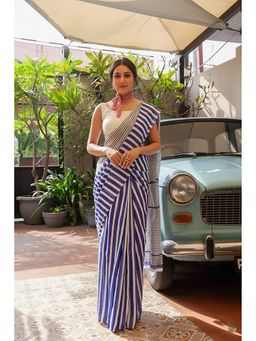 AMRUTKALA SAREES - Blue Linen Blend Stripes Printed Saree With Unstitched Blouse