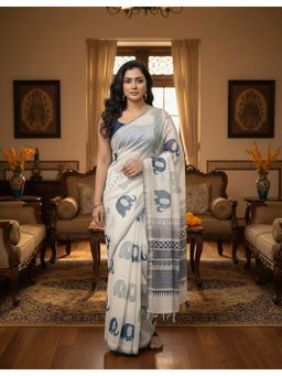 AMRUTKALA SAREES - White Linen Printed Tassels Saree With Unstitched Blouse