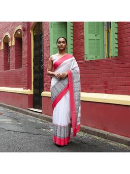 AMRUTKALA SAREES - White Linen Printed Saree With Unstitched Blouse