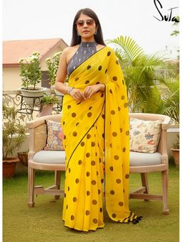 AMRUTKALA SAREES - Yellow Linen Blend Polka Dots Tassels Saree With Unstitched Blouse