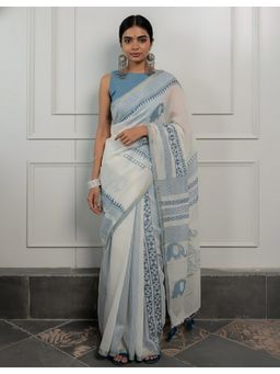 AMRUTKALA SAREES - White Linen Blend Tassels Saree With Unstitched Blouse
