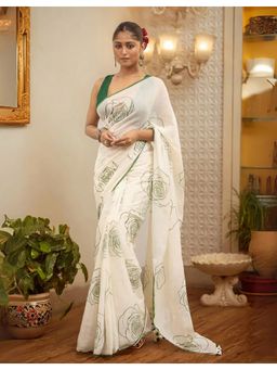 AMRUTKALA SAREES - White Linen Floral Tassels Saree With Unstitched Blouse