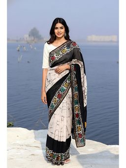 AMRUTKALA SAREES - White Linen Blend Abstract Printed Saree With Unstitched Blouse