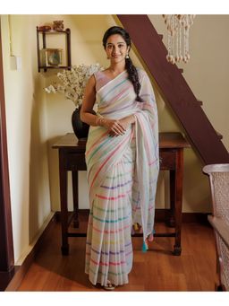 AMRUTKALA SAREES - White Linen Blend Stripes Saree With Unstitched Blouse