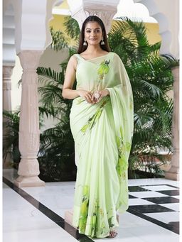 AMRUTKALA SAREES - Green Linen Blend Floral Printed Saree With Unstitched Blouse