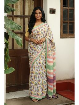 AMRUTKALA SAREES - Multi-Colour Linen Abstract Tassels Saree With Unstitched Blouse