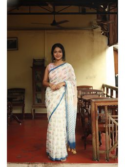 AMRUTKALA SAREES - White Linen Blend Printed Saree With Unstitched Blouse