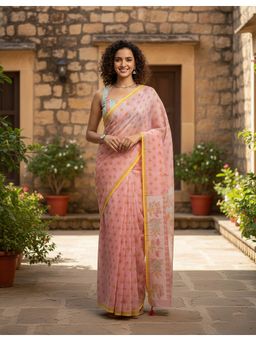 AMRUTKALA SAREES - Peach Linen Blend Floral Tassels Saree With Unstitched Blouse