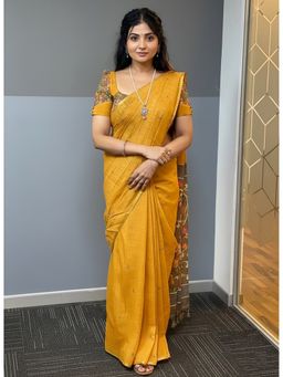 AMRUTKALA SAREES - Yellow Linen Blend Tassels Saree With Unstitched Blouse