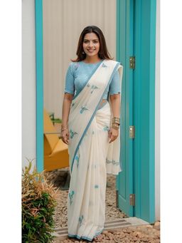 AMRUTKALA SAREES - Off White Linen Blend Floral Printed Saree With Unstitched Blouse