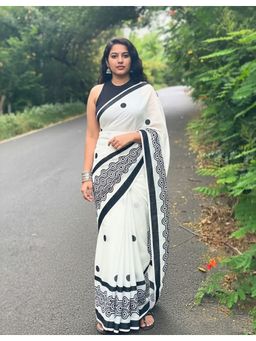 AMRUTKALA SAREES - White Linen Blend Polka Dots Printed Saree With Unstitched Blouse