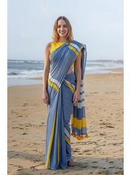 AMRUTKALA SAREES - Blue Linen Stripes Saree With Unstitched Blouse