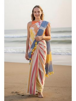 AMRUTKALA SAREES - Yellow Linen Blend Stripes Saree With Unstitched Blouse