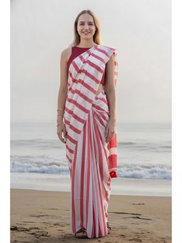 AMRUTKALA SAREES - White Linen Blend Stripes Tassels Saree With Unstitched Blouse