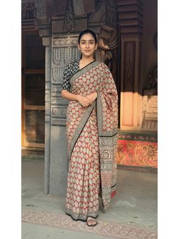 AMRUTKALA SAREES - Brown Linen Blend Abstract Printed Saree With Unstitched Blouse