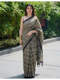 AMRUTKALA SAREES - Black Linen Blend Abstract Tassels Saree With Unstitched Blouse